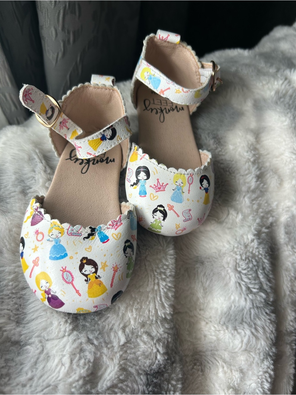 Monkey Feet White Mary Jane Shoes with Colorful Princess Print